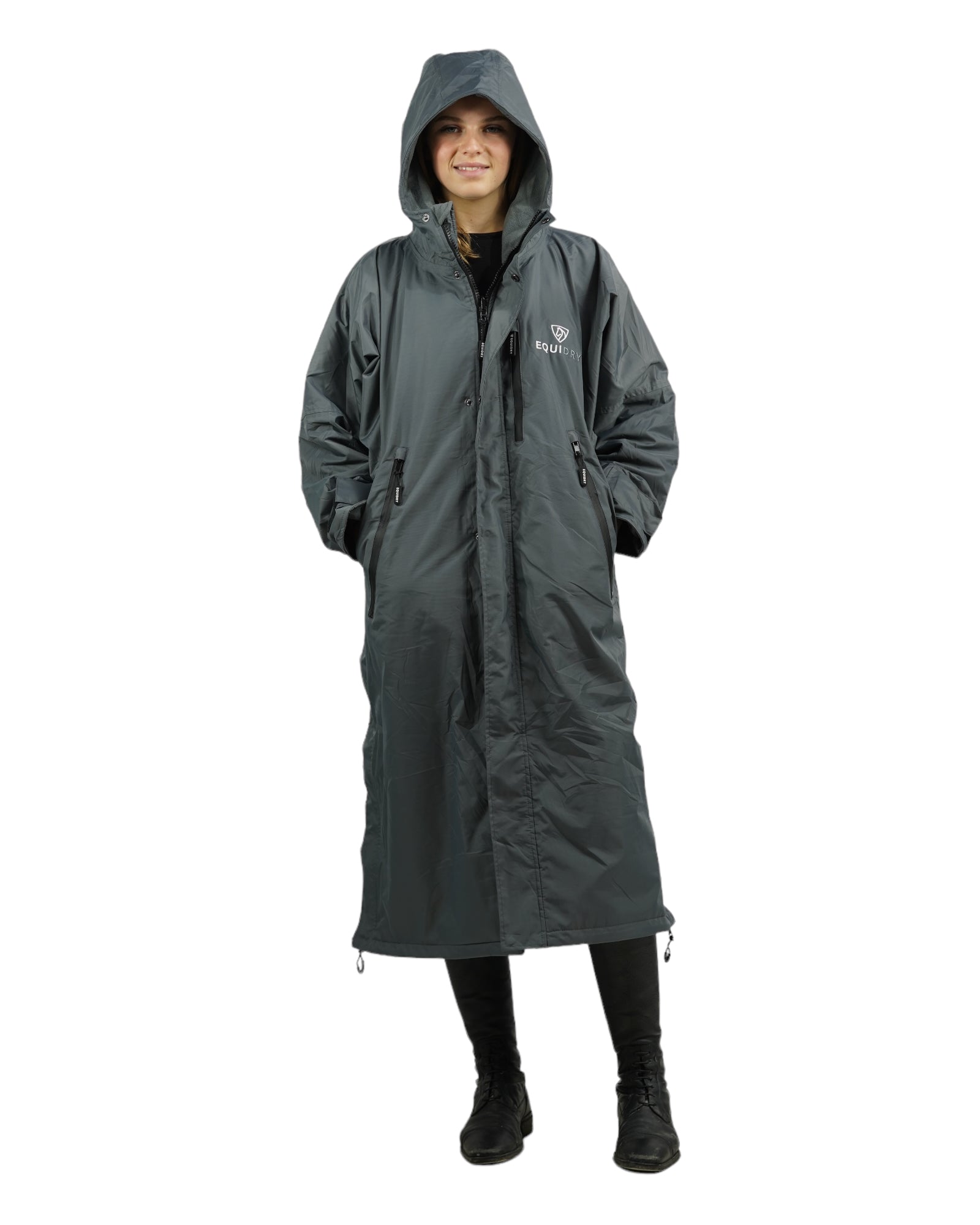 EQUIDRY women's thin fleece long waterproof horse riding coat in charcoal front studio