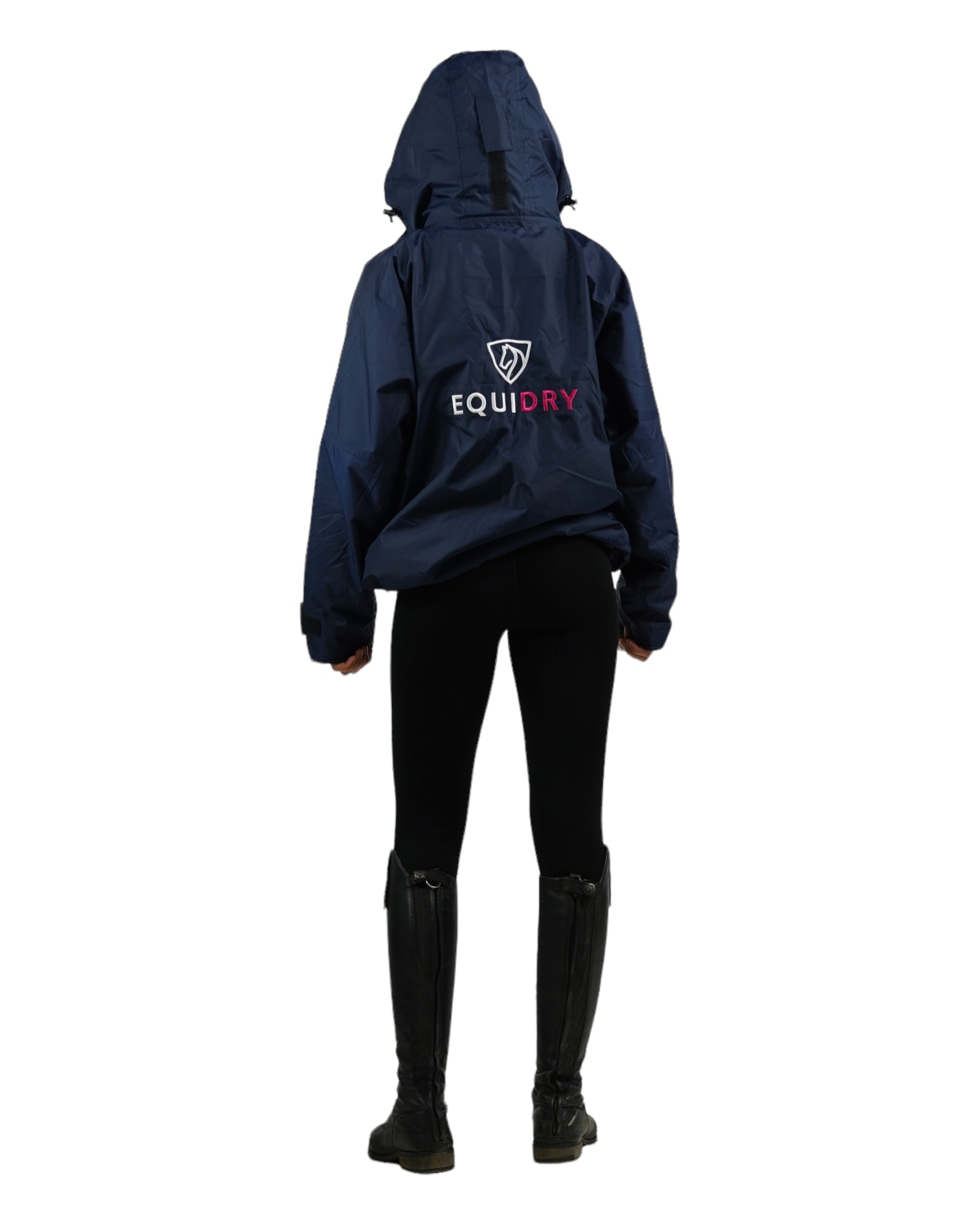 Shortie Child's Oversized Short Waterproof blouson style Riding Jacket Thin Fleece Lining Stowaway Hood in navy/raspberry back studio 