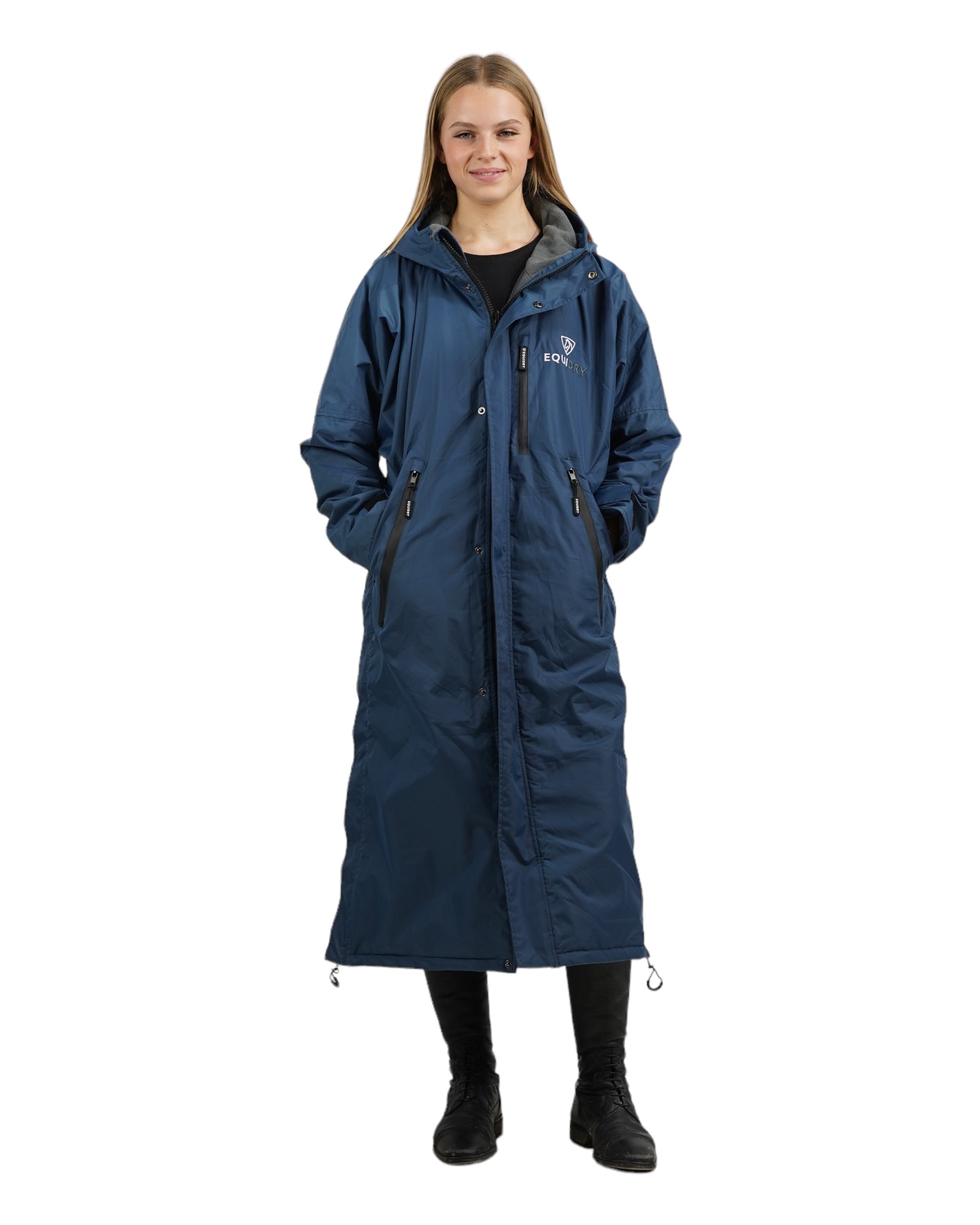 EQUIDRY women's thin fleece long waterproof horse riding coat in steel blue/charcoal studio front 
