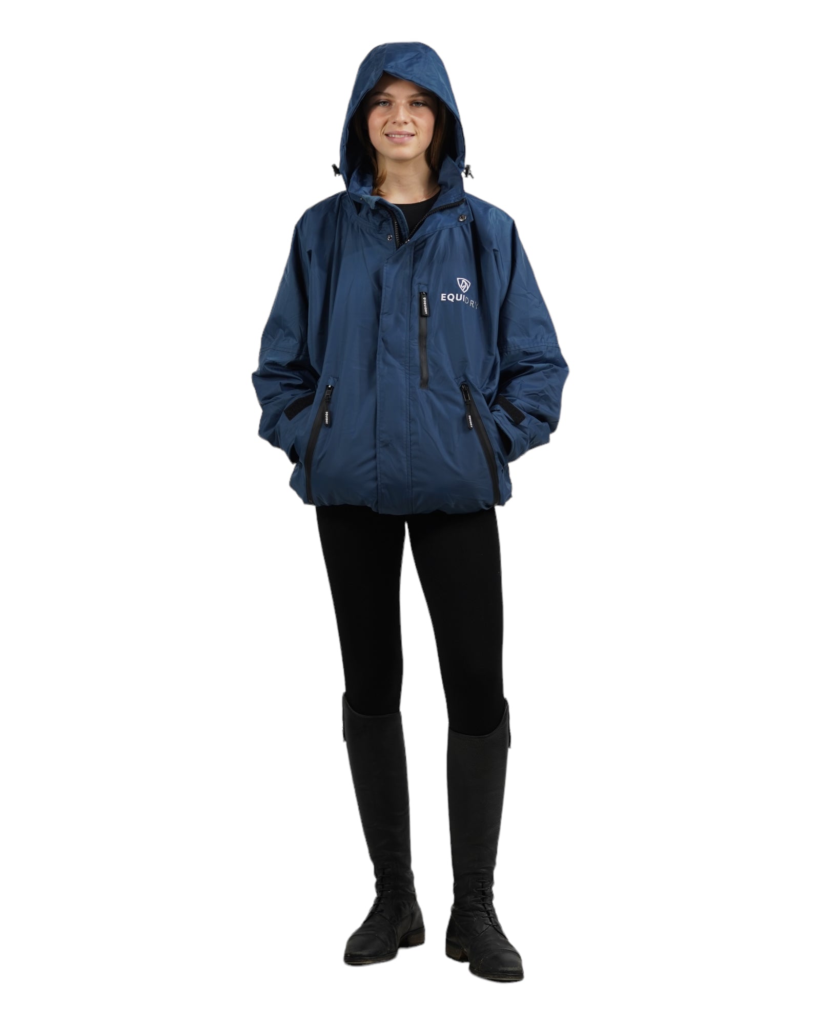 EQUIDRY women's waterproof short blouson style horse riding jacket in steel blue studio shot hood up
