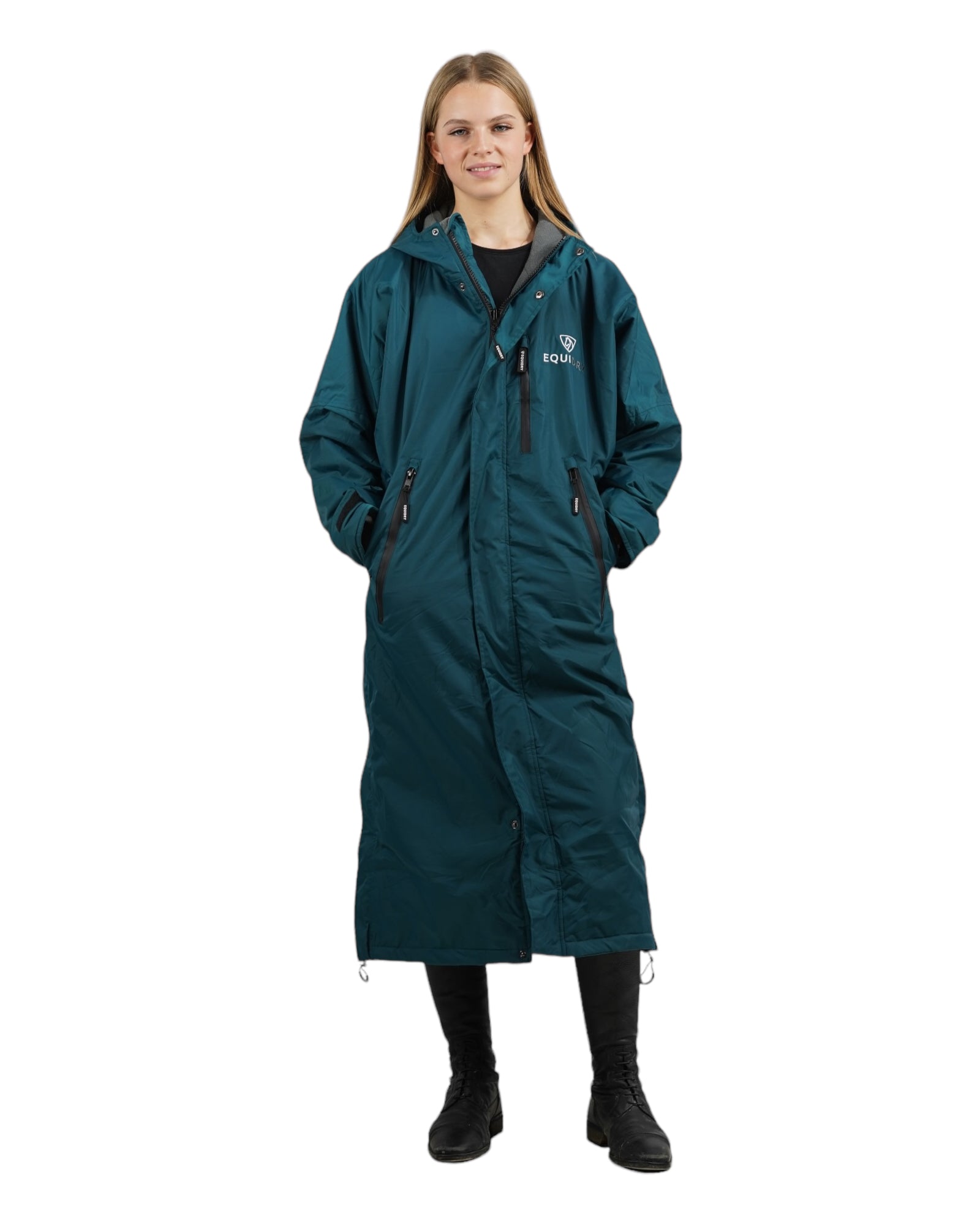 EQUIDRY women's thin fleece long waterproof horse riding coat in teal/grey studio coat open 