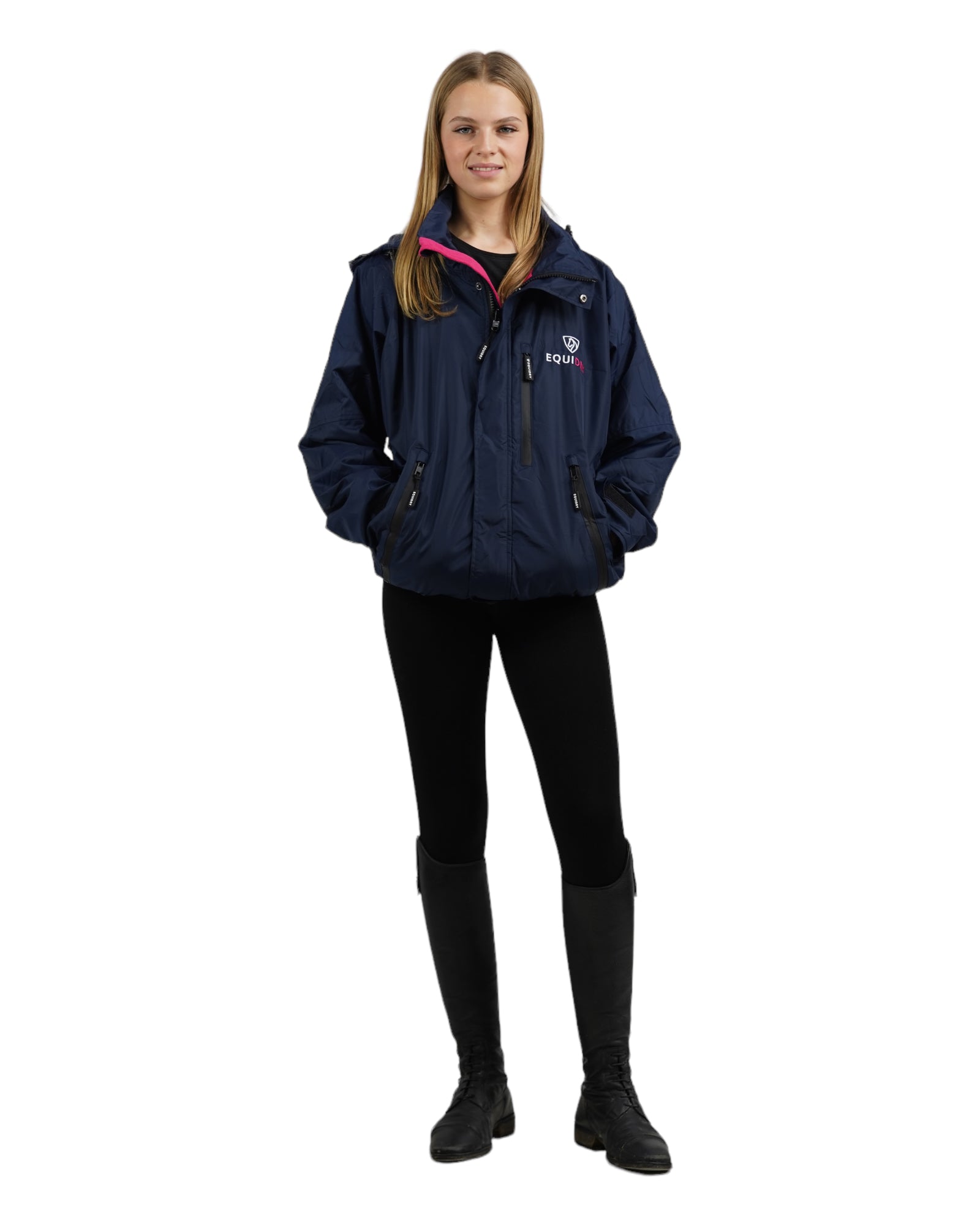 Shortie Child's Oversized Short Waterproof blouson style Riding Jacket Thin Fleece Lining Stowaway Hood in navy/raspberry front view studio 