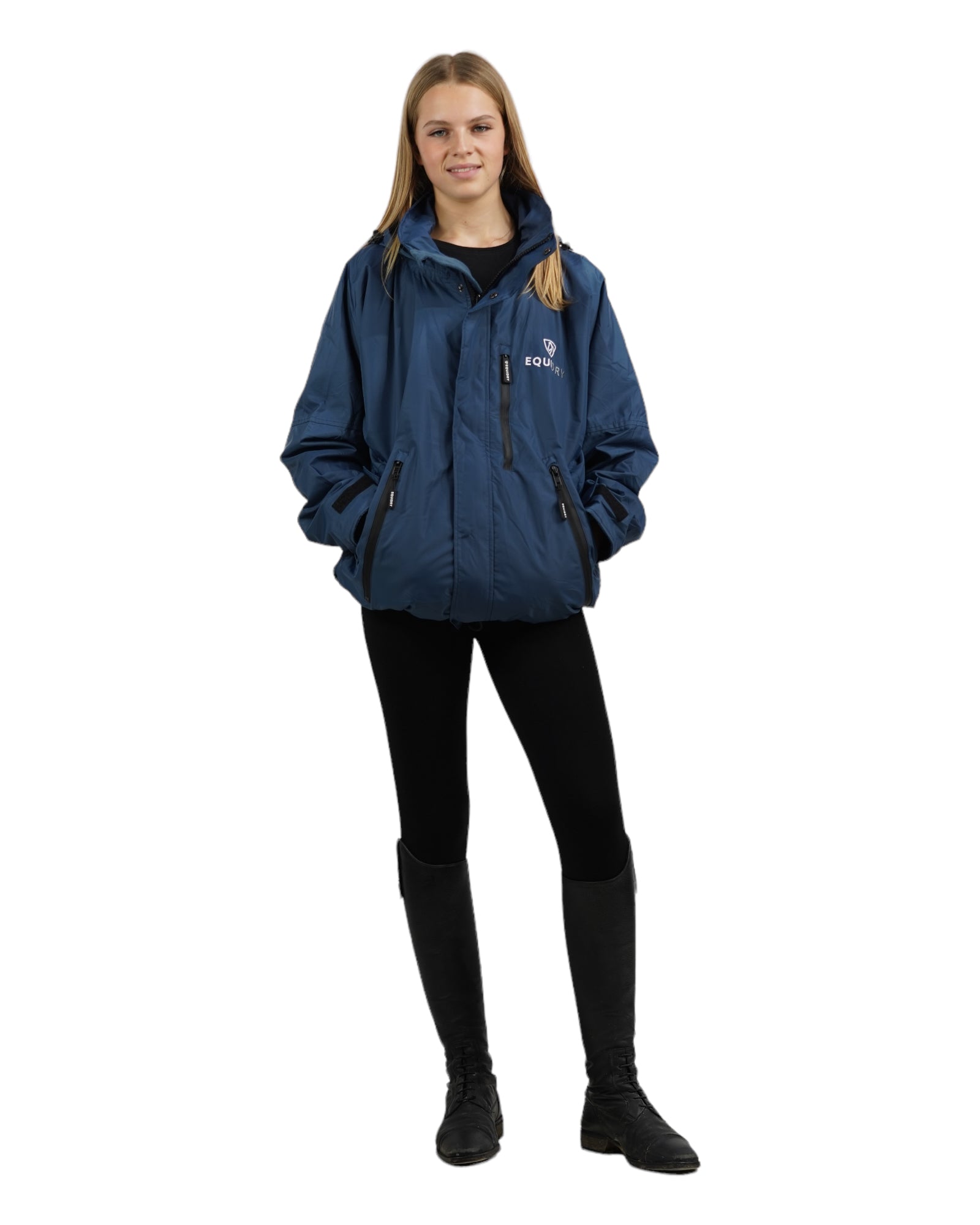 EQUIDRY women's waterproof short blouson style horse riding jacket in steel blue studio front view