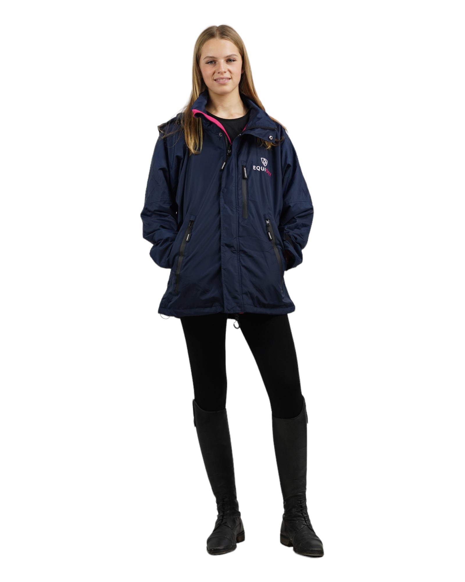 EQUIDRY women's waterproof short blouson style horse riding jacket in navy/raspberry front view studio
