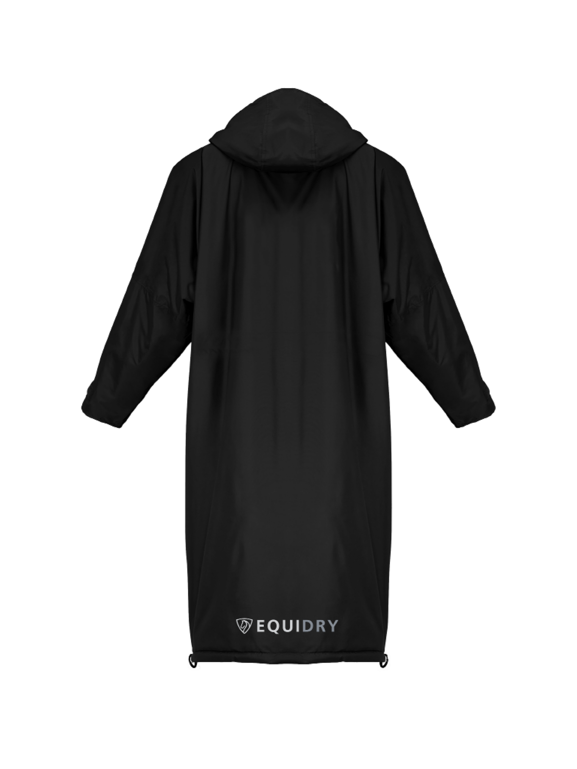 Evolution iD discreet logo Men's Lightweight Waterproof Horse Riding Jacket Thin Fleece Lining Stowaway Hood in black back studio 