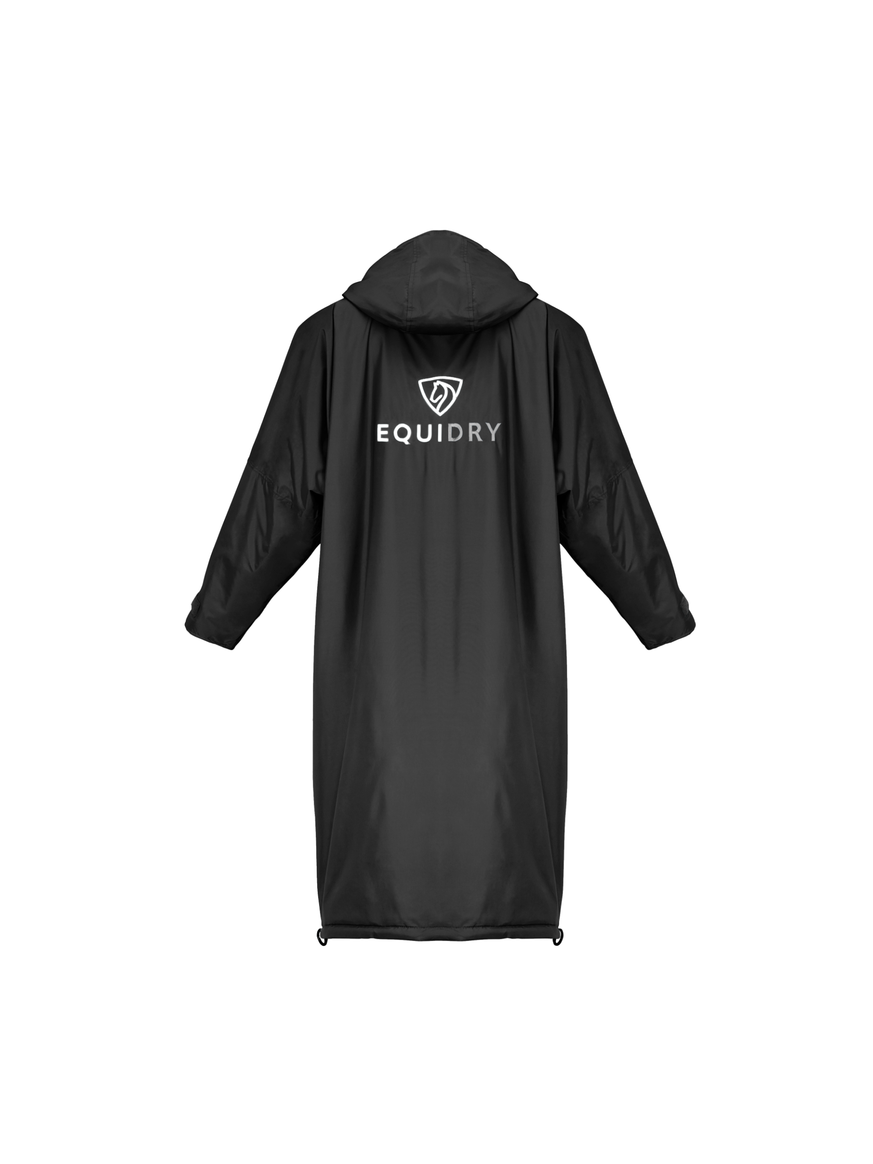 EQUIDRY men's long waterproof horse riding coat in Black/Black back studio back