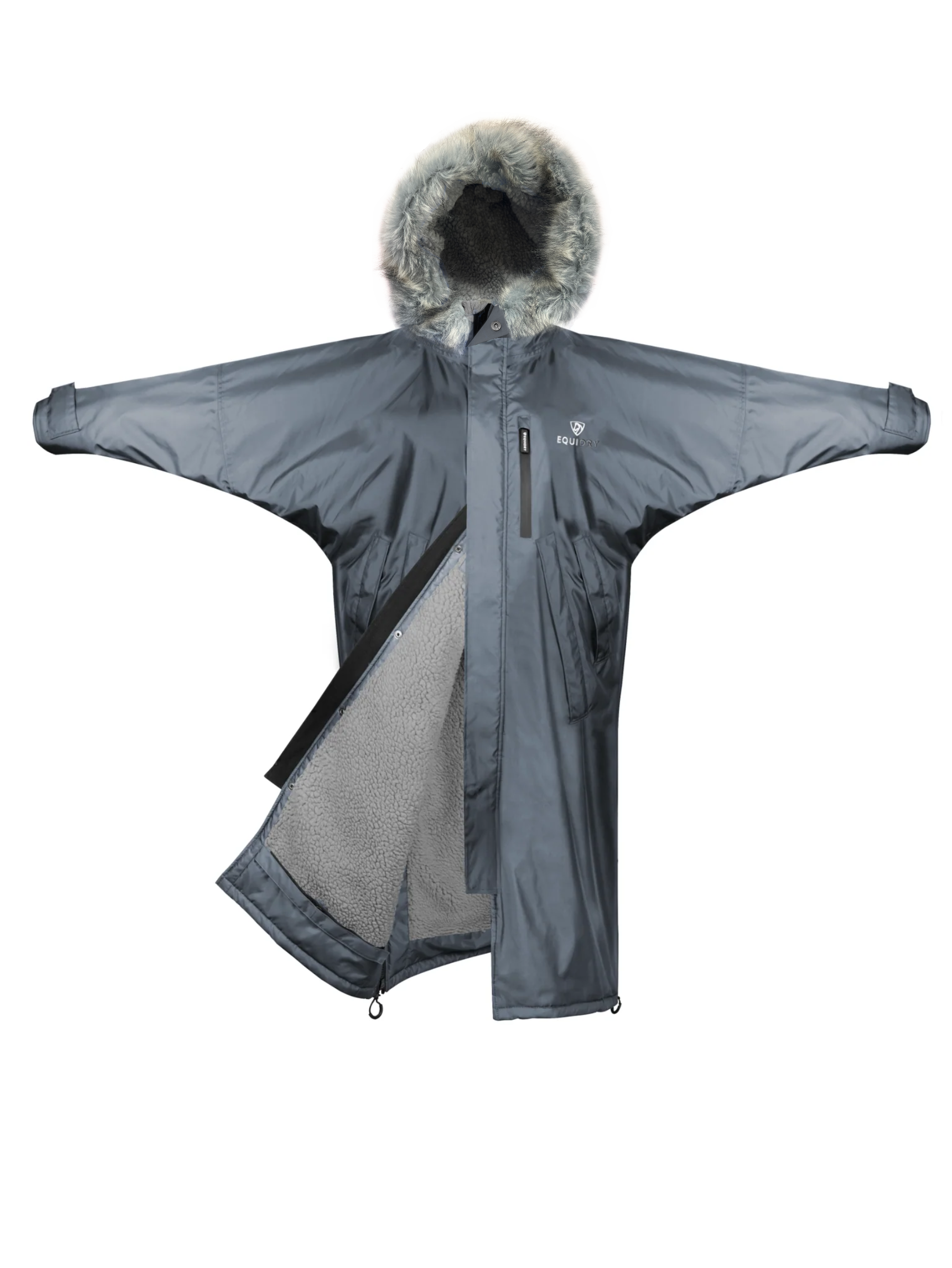 EQUIDRY Evolution Lux Women's Warm Waterproof Winter Horse Riding Coat Thick Fleece Lining with Faux Fur Trim Hood in charcoal/grey 