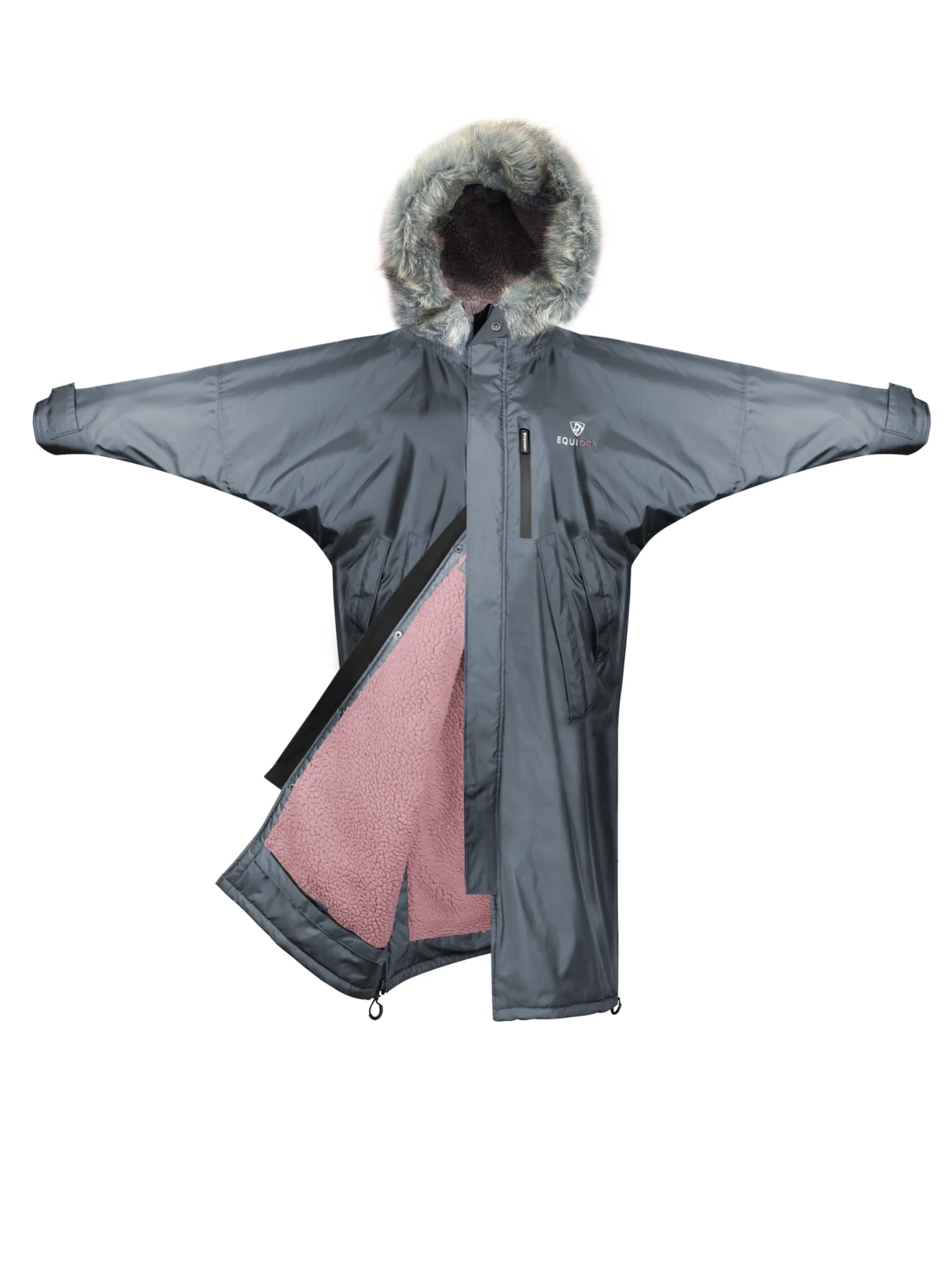 EQUIDRY Evolution Lux Women's Warm Waterproof Winter Horse Riding Coat Thick Fleece Lining with Faux Fur Trim Hood charcoal/pale pink