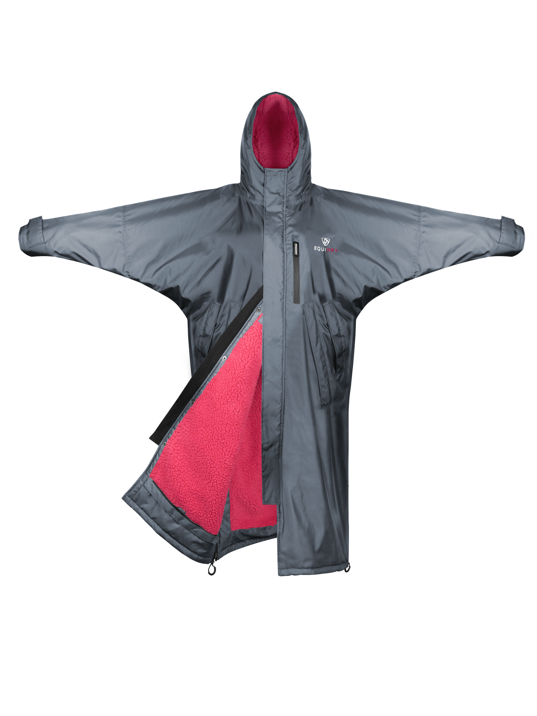 EQUIDRY women's long waterproof horse riding coat in Charcoal/Peacock Pink