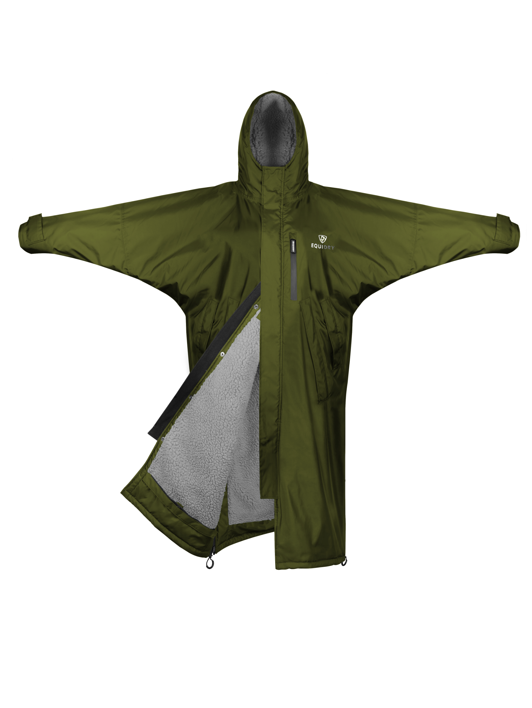EQUIDRY men's long waterproof horse riding coat in Dark Olive/Grey
