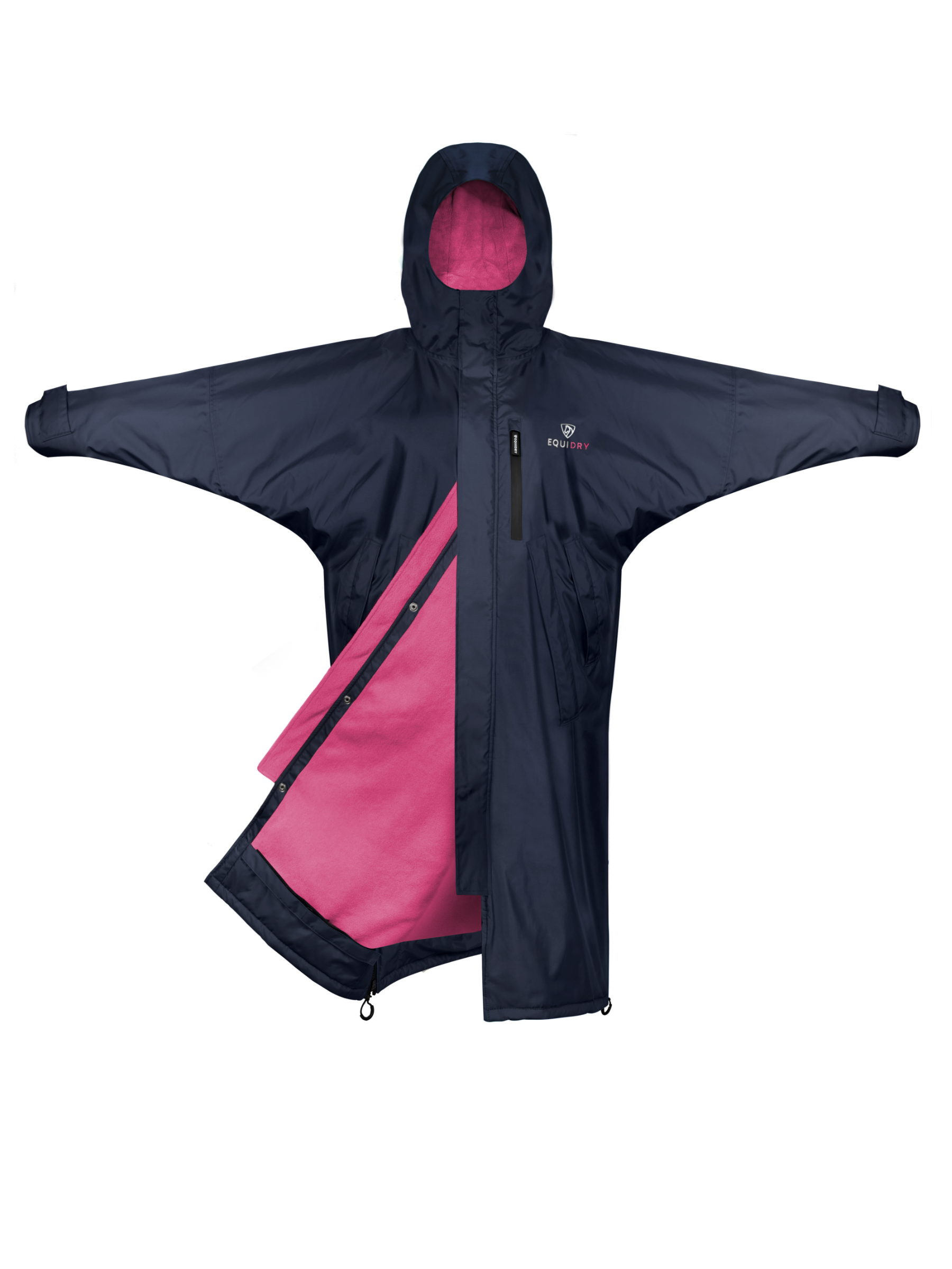 EQUIDRY women's thin fleece long waterproof horse riding coat in navy/raspberry