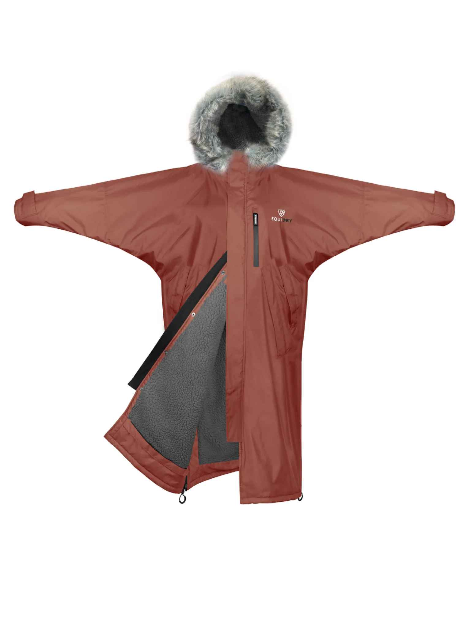 EQUIDRY Evolution Lux Women's Warm Waterproof Winter Horse Riding Coat Thick Fleece Lining with Faux Fur Trim Hood chesnut 
