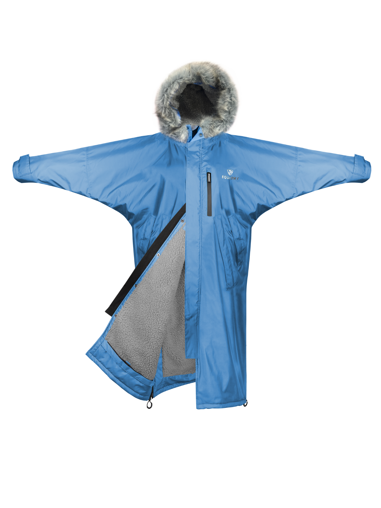 EQUIDRY Evolution Lux Women's Warm Waterproof Winter Horse Riding Coat Thick Fleece Lining with Faux Fur Trim Hood sky nelly blue