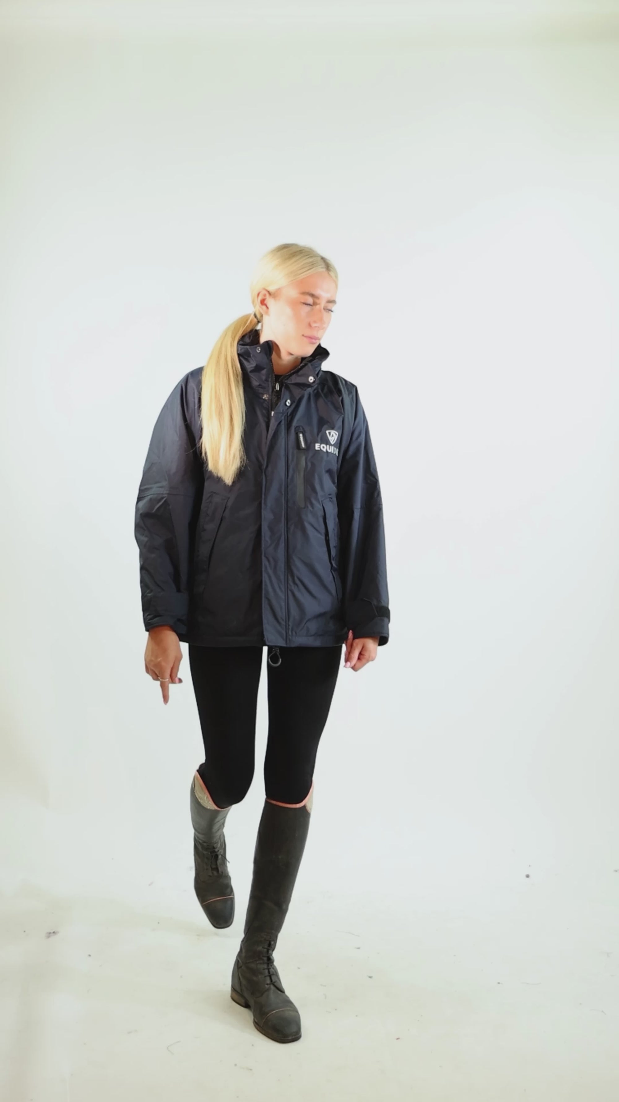 EQUIDRY women's waterproof short blouson style horse riding jacket in navy/navy video
