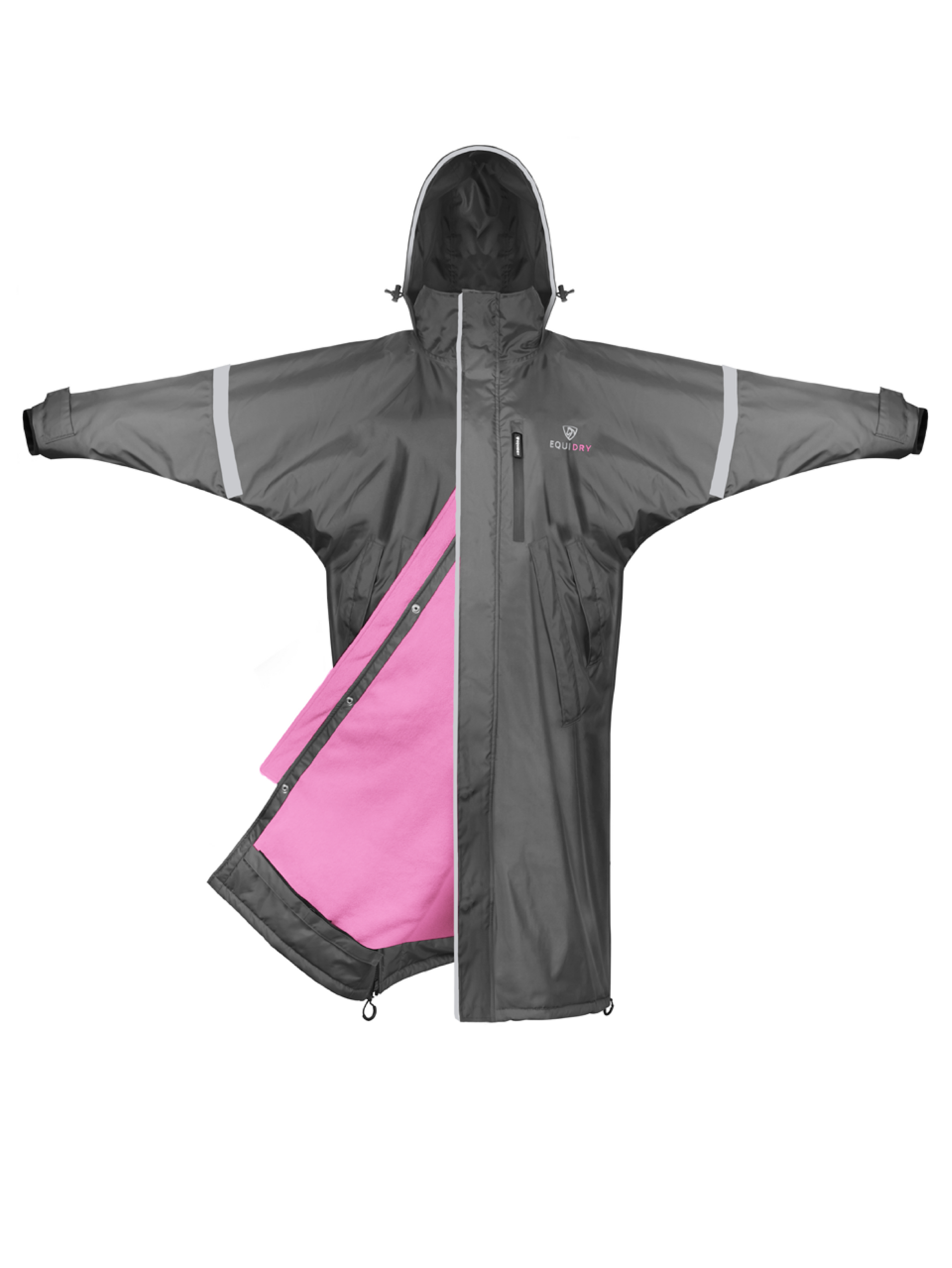 EQUIDRY waterproof horse riding raincoat thin fleece pro ride reflective charcoal/pale pink 