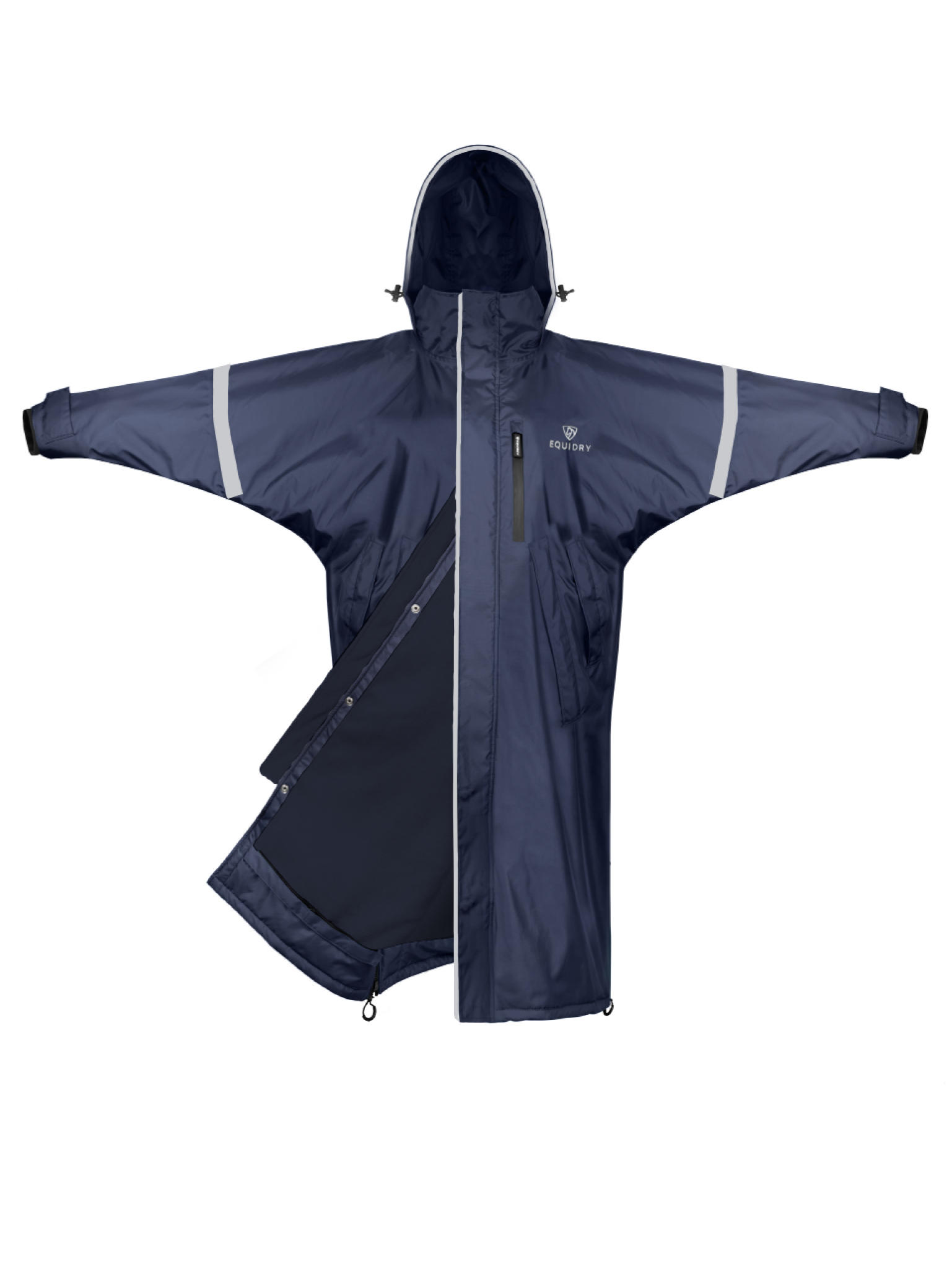 EQUIDRY waterproof horse riding raincoat thin fleece reflective navy 